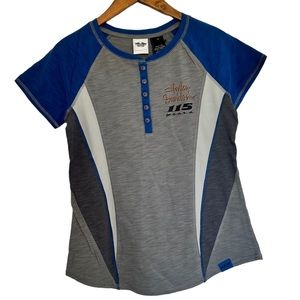 Harley Davidson 115 Years Anniversary Royal Blue Cap Short Sleeve Tee Women’s M